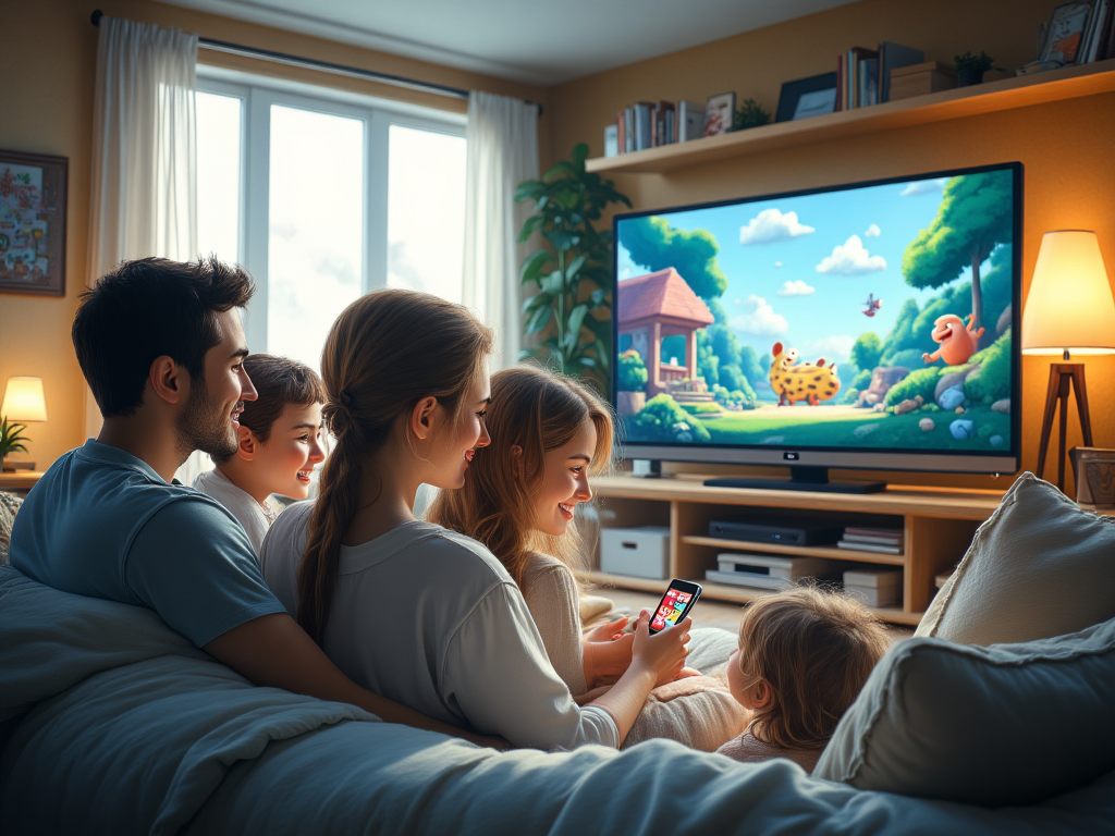 Family watching cartoon on TV and mobile.